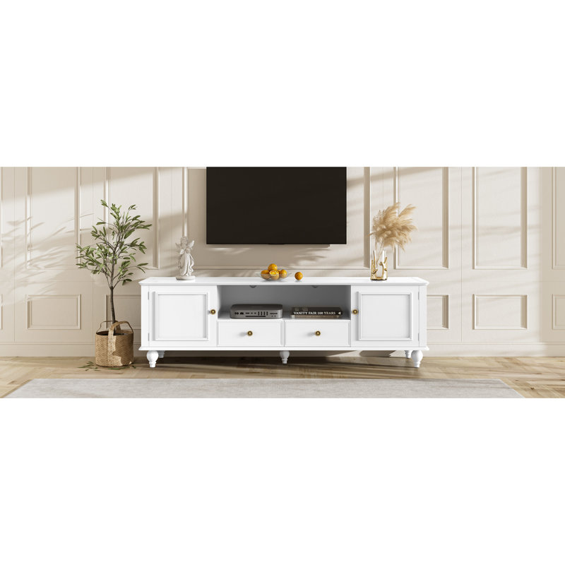 Meuble télé moderne de 80 pouces avec 2 tiroirs, 5 armoires, 5 pieds pleins et un compartiment ouvert pour les besoins d'installation de la maison