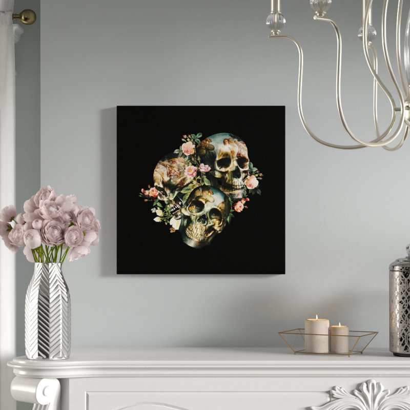 Crâne et Vénus, impression sur toile tendue, H 18 po x l 18 po x P 1,5 po, Toile avec cadre noir, Pas de tapis