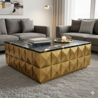 Table basse en laiton à losanges antiques avec plateau en marbre