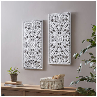 Distressed Carved Wood 2-Piece Wall Decor Set