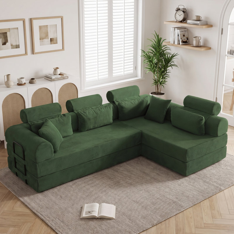 106.3" 2-Piece Corduroy L-Shaped Sleeper Modular Sectional, Compressed Convertible Sofa Bed, No Assembly for Small Spaces