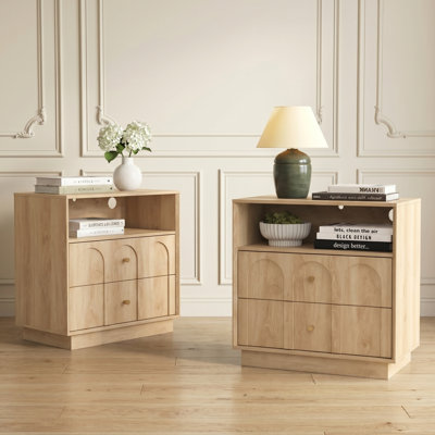 Ensemble de 2 tables de chevet à 2 tiroirs avec station de charge, table de bout arquée de style Mid-Century moderne avec tablette de rangement, table de chevet pour chambre à coucher, bureau