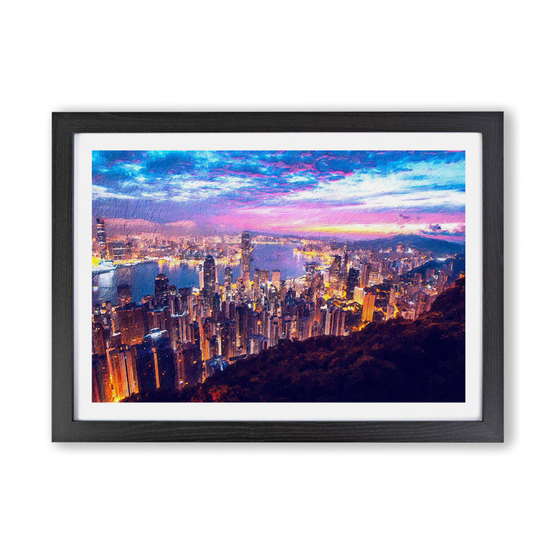 Hong Kong Skyline At Sunset - Single Picture Frame Painting, Black, 45cm H x 63cm W x 2cm D