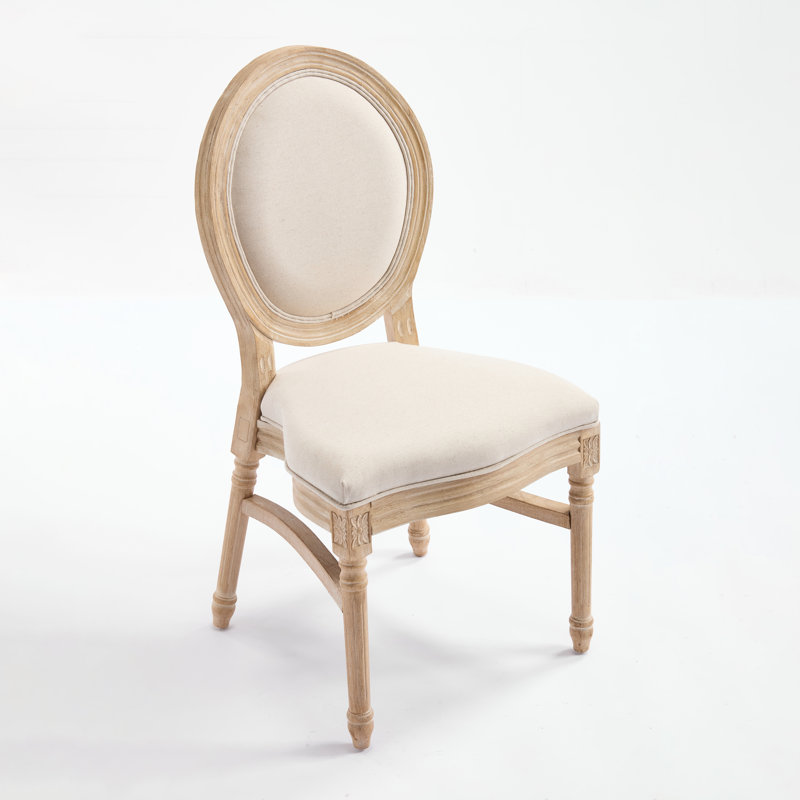 Deux chaises de salle à manger rembourrées de style français, dossier rond, tissu en lin doux et coton, structure en bois massif, conception démontable, beige, avec 2 techniques de tréfilage