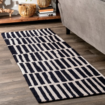 Odalis Geometric Handmade Wool Black/Ivory Cream Rug