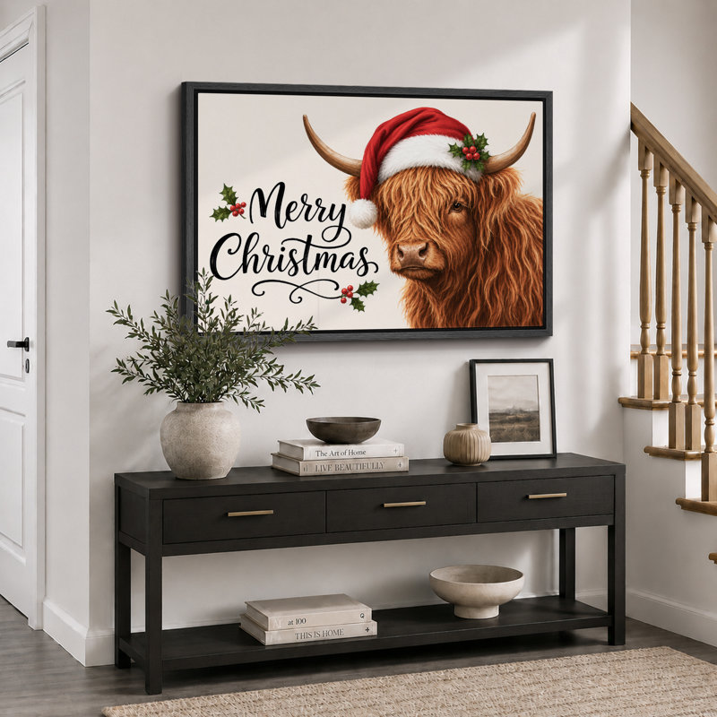 «Merry Christmas Highland Cow», impression sur toile, impression sur toile encadrée, H 16 po x l 24 po x P 1,5 po, Cadre noir