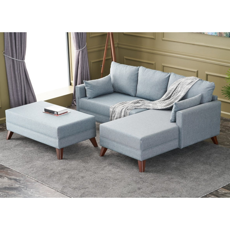 Modern Corner Sofa-Bed, Solid Blue, 80.7 x 33.5 x 55.1 inches | FIR Tree Frame, 100% Polyester Fabric, Easy Clean | Includes Pouffe (45.3 x 25.6 x 16.9 inches) | 28 DNS Foam for Comfort, Scandinavian Design