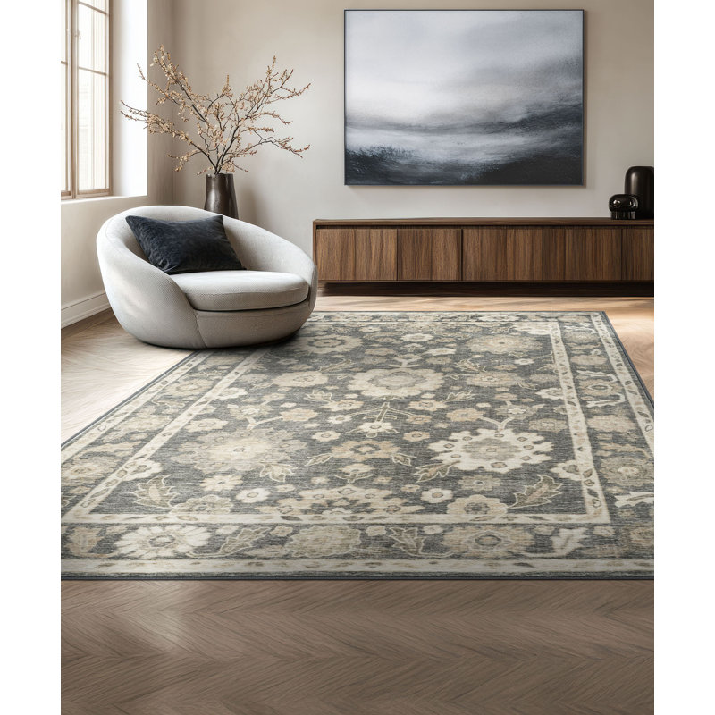Tapis oriental gris anthracite lavable à la machine 5 pi x 6 pi 11 po March, Gris, Rectangle 5 pi x 6 pi 11 po