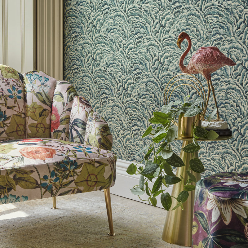 Exotica 10.05m x 52cm Metallic Wallpaper Roll, Kingfisher/Gilver