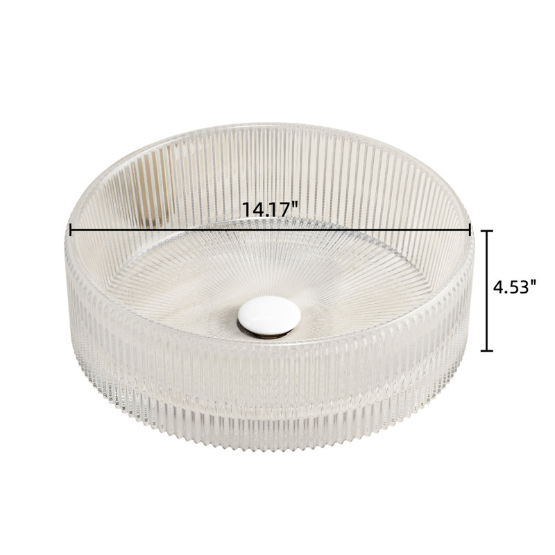 14 - Inch Bathroom Transparent Round Crystal Glass Sink, Artistic Stripes, Suitable For Cabinet And Countertop, Fresh Look Easy To Clean, 13.8*4.57 Size, Recommended Drain Sink Without Faucet,