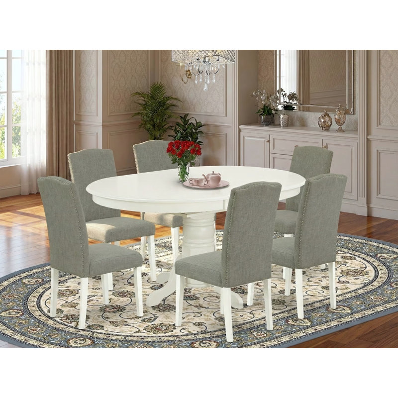 L'ensemble de table de cuisine 7 pièces se compose d'une table de salle à manger ovale avec une feuille de papillon et de 6 chaises parsons en tissu Shitake foncé en lin, blanc lin
