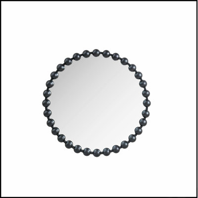 Elegant Beaded Round Wall Mirror With Matte Black Frame, Perfect For Modern And Luxurious Home Decor
