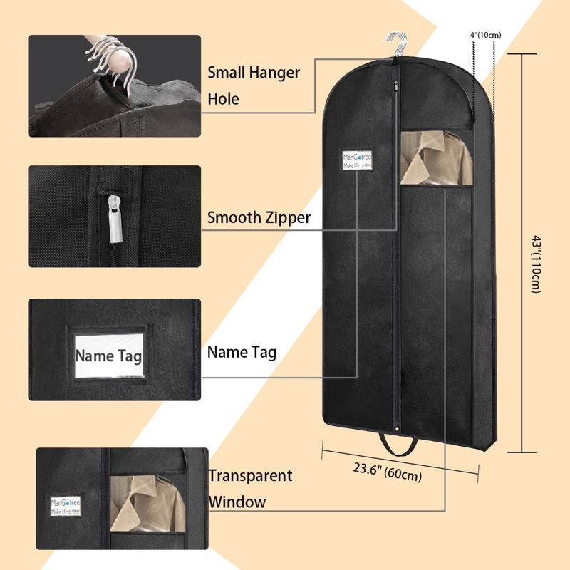 Garment Bags, Suit Bags For Closet Storage And Travel, Portable Garment Covers With Handle, Nonwoven Breathable Clothing Storage Bags With Zipper For Suit, Coat, Dress, Set Of 2