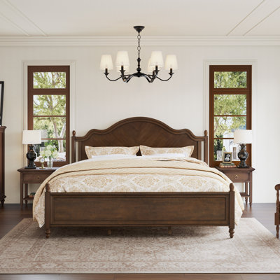 Mid-Century Modern Solid Wood Bed with Herringbone-Inspired Pattern Headboard