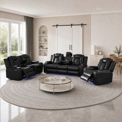3 - Piece Power Reclining Home Theater Sofa Set (Chair & Loveseat & Sofa) – Faux Leather With Smart Tech & Ambient Lighting