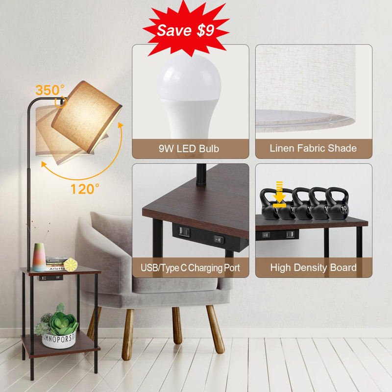 Lampe sur pied DEL à finition noyer avec table d'appoint intégrée, gradation continue, ports USB et télécommande