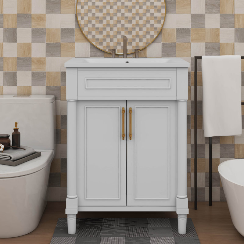 Meuble-lavabo compact 24 po avec lavabo intégré en céramique, meuble autoportant à une cuve et armoire de salle de bain