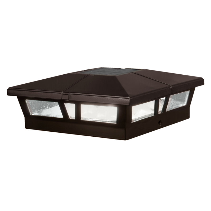 Cambridge Solar Powered Integrated LED Metal Fence Post Cap 6" x 6" with Base Adapter Included, Brown