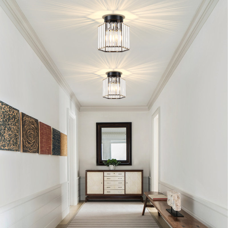 1-Light Dimmable Crystal Drum Semi Flush Mount Ceiling Light for Bedroom Kitchen Hallway, Matte Black