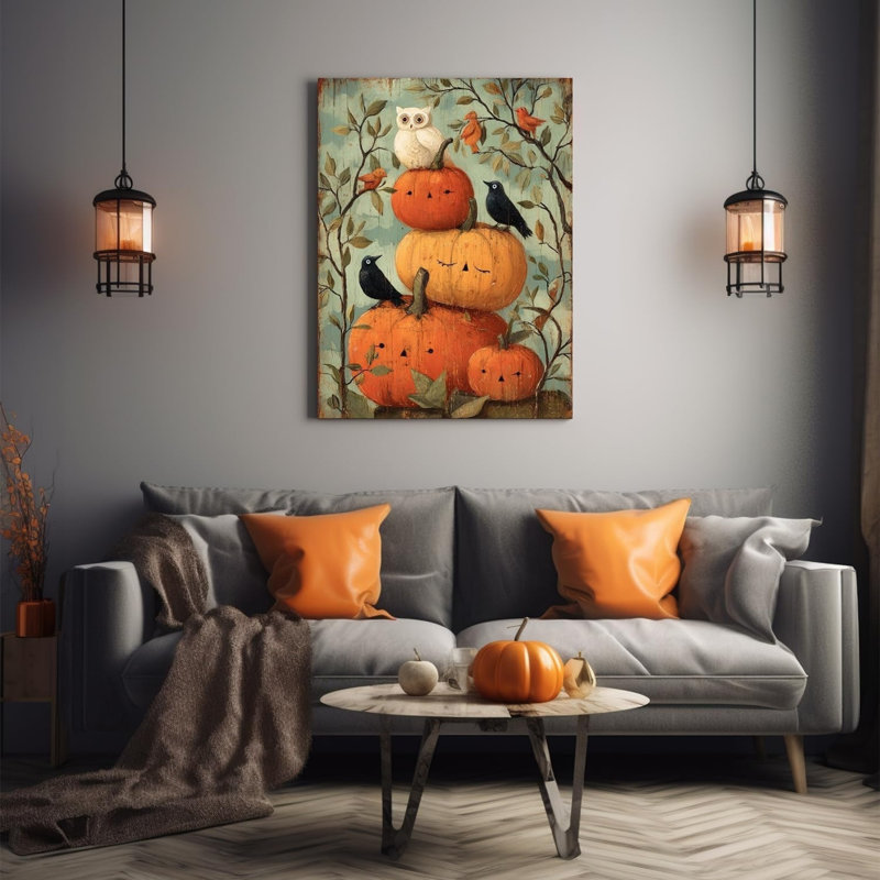 Art mural 24 po x 36 po, citrouilles et hiboux