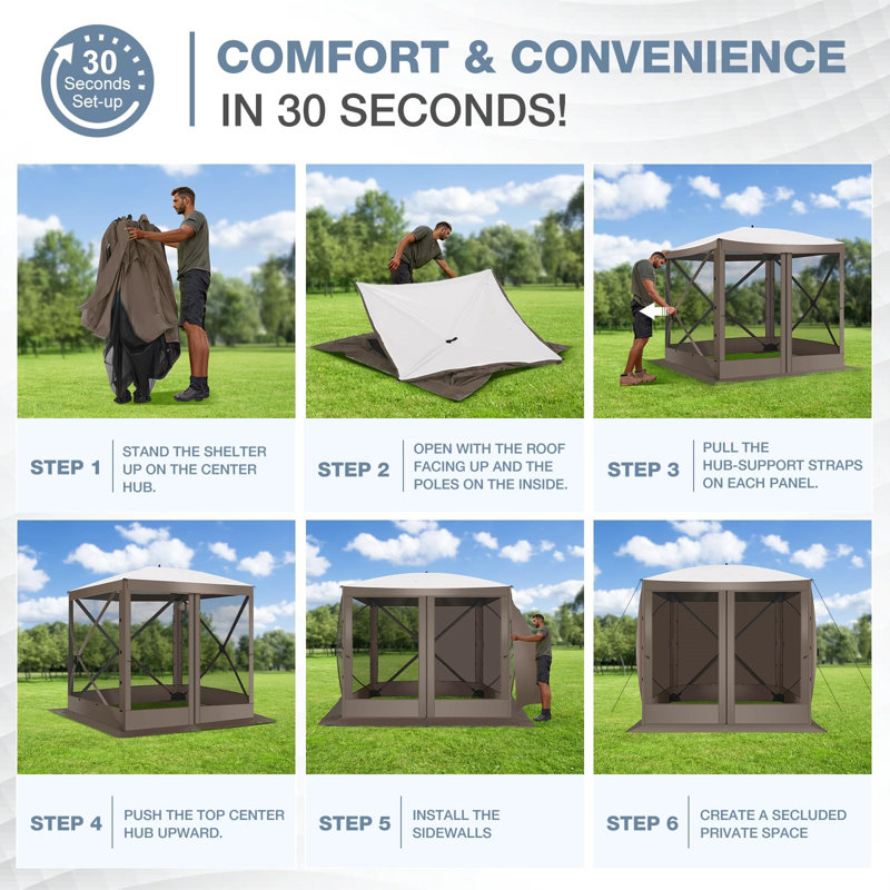 6x6FT Camping Gazebo Screen Tent,  Sided Pop-up Canopy Shelter with Mesh Windows, Brown