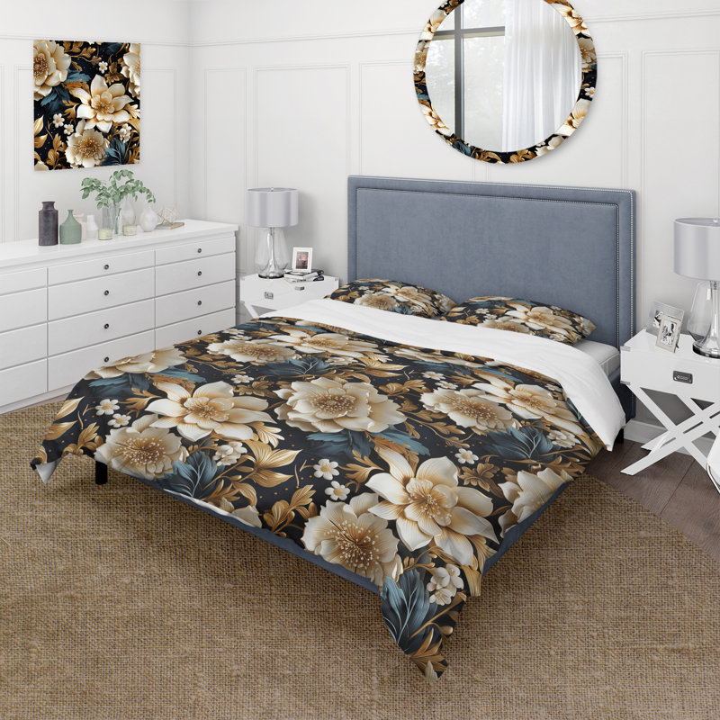 Literie luxueuse à motif floral doré et gris, Housse de couette pour grand lit et 2 taies décor