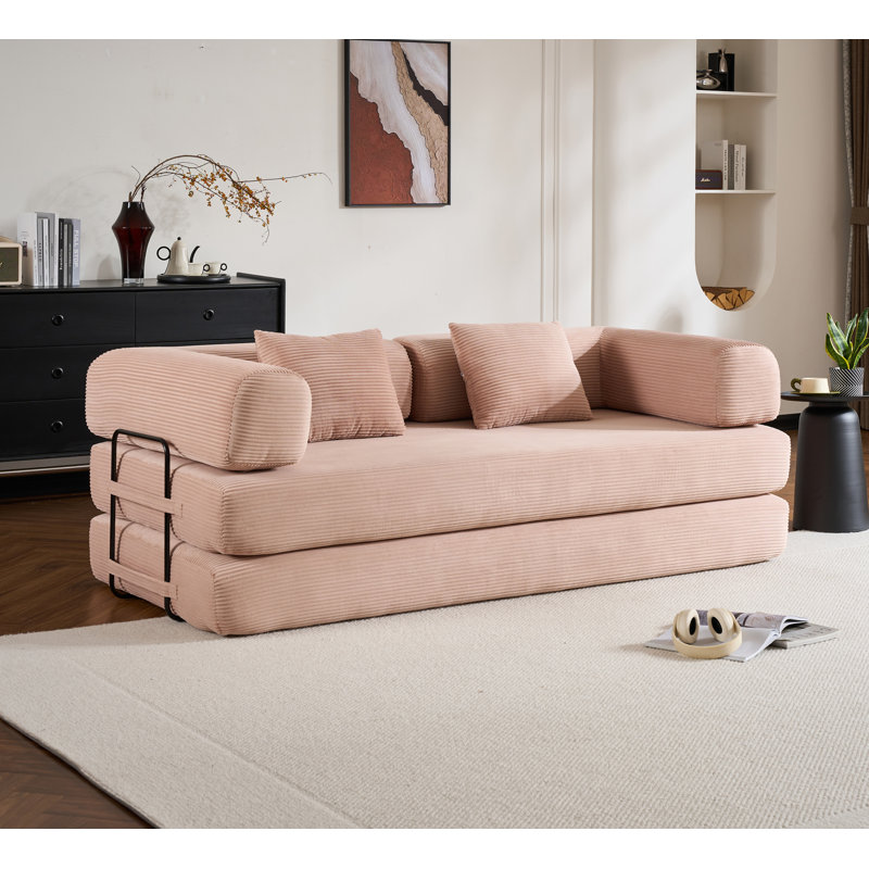 Canapé-lit convertible avec coussin cylindrique, canapé-lit pliant en velours côtelé avec cadre de forme fixe, canapé-lit de salon pour la chambre à coucher (rose)