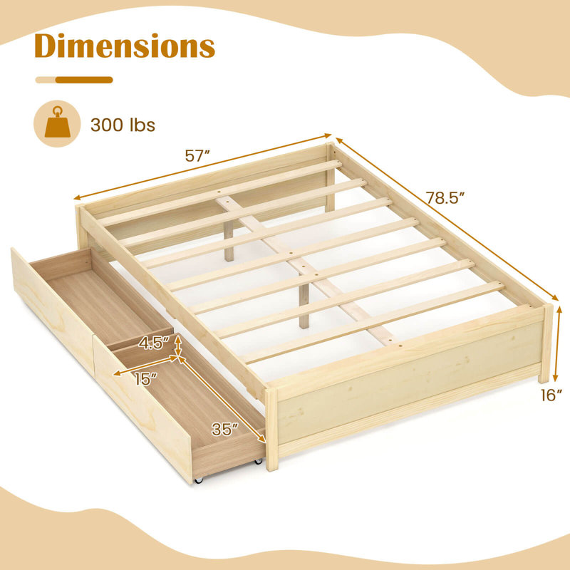 Lit plateforme double en bois avec 2 tiroirs de rangement roulants, Naturel