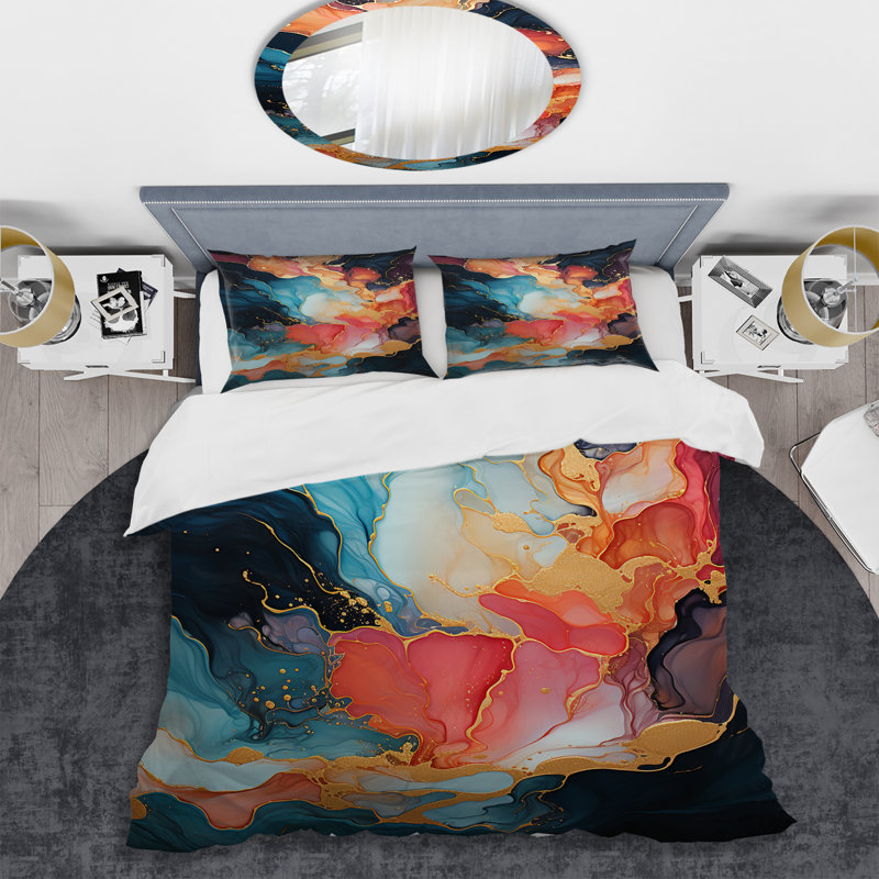 Ensemble de housse de couette peinture abstraite rose et bleu, Housse de couette pour très grand lit
