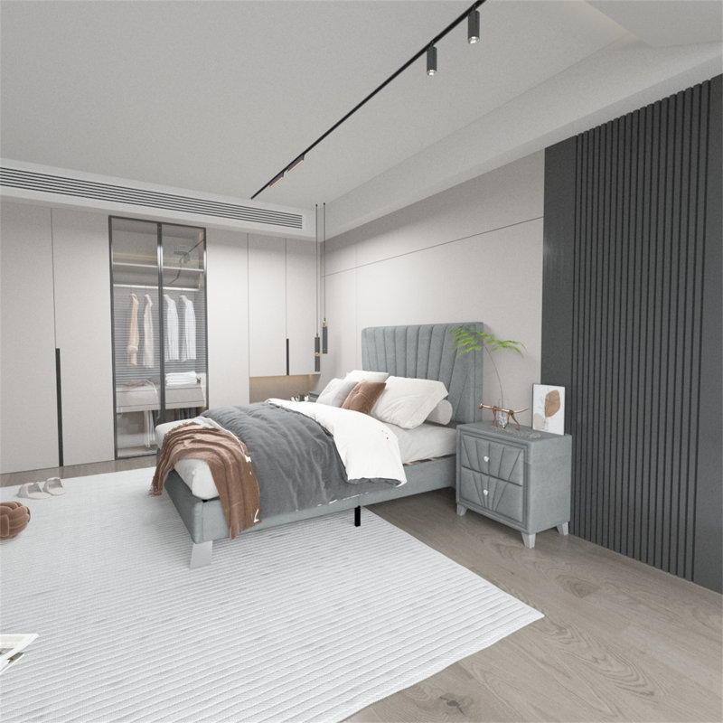 Ensemble de chambre avec lit plateforme 2 pièces Aisya, gris