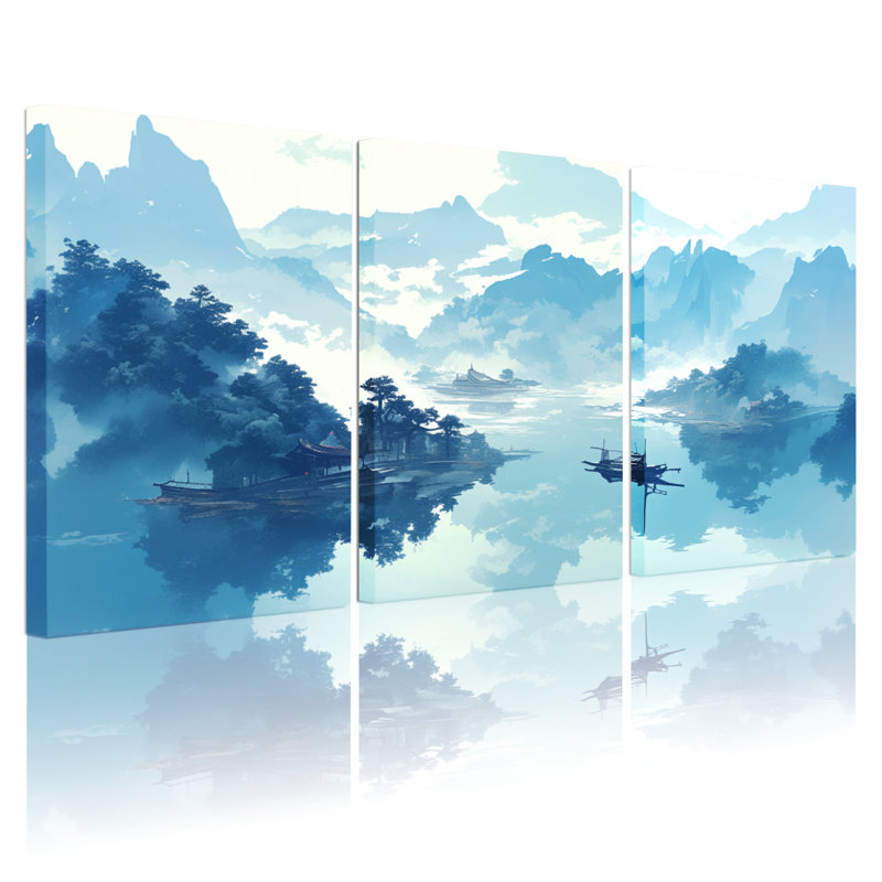 Paysage et nature montagne lac brume bateau reflet ciel nuages arbres ensemble de 3 impressions sur toile, H 18 po x l 36 po