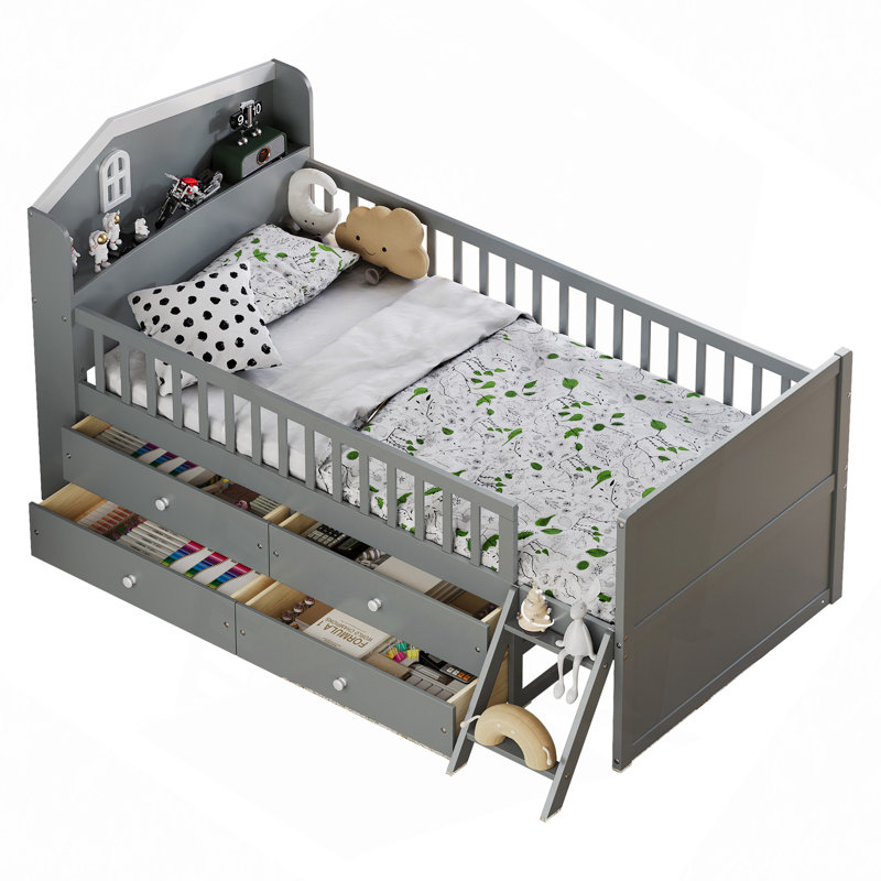 Cadre de lit avec rangement à 4 tiroirs, cadre de lit en bois, lit plateforme avec tête de garde-corps et échelle, aucun sommier requis, assemblage facile
