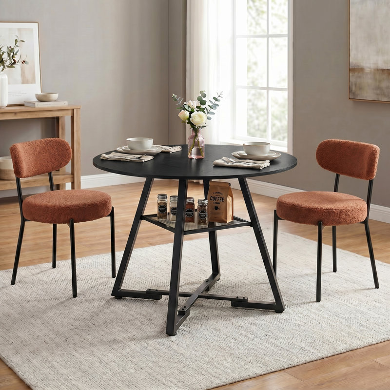 Industrial 42" Round Dining Table With Upholstered Dining Chairs,  Kitchen Table Set, Black/Orange, 3 Pieces: Table, 2 Chairs