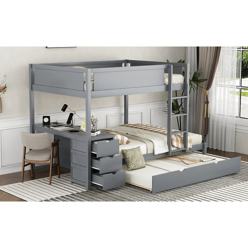 Lit superposé avec lit gigogne, rangement et bureau, Gris, Double sur double