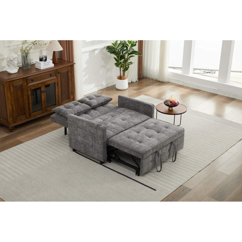 Sleeper Chair 3-In-1 Convertible Chair Bed Pull Out Sleeper Chair Beds Adjustable Double Armchair Sofa Bed With USB Ports, Side Pocket, Linen Grey