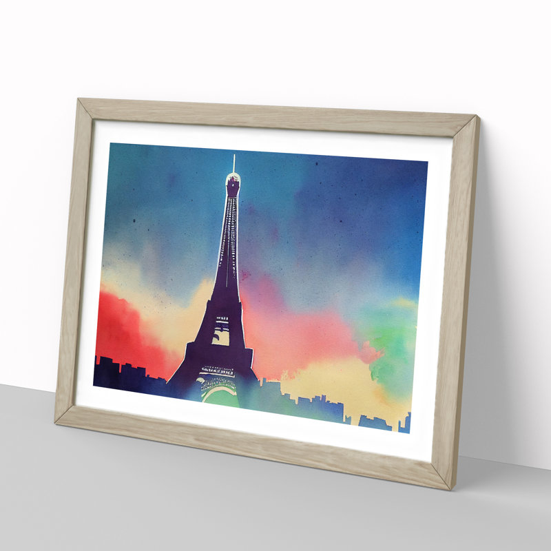 Eiffel Tower Watercolour - Single Picture Frame Painting, 25cm H x 34cm W x 2cm D, Oak