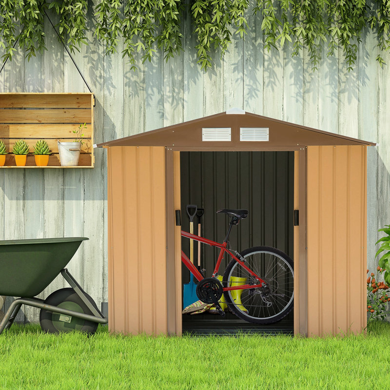 Remise extérieure 7 pi x 4 pi, acier galvanisé, 4 évents, 2 portes coulissantes, spacieuse pour les outils de jardin, entretien de la pelouse, bâtiment de rangement jaune, pelouse, jardin, garage,