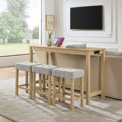 59 Inch Bar Table, Dining Table, Sofa Table With Power Outlet, 3 Upholstered Stools, 4 Piece Bar Table And Chair Set For Living Room, Dining Room, Kit