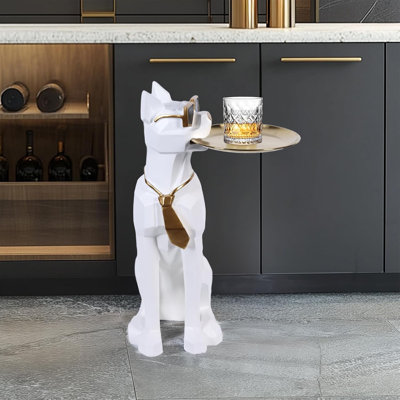 Modern Geometric Dog Sculpture Resin Statue With Detachable Metal Storage Tray And Tissue Box Holder - Home Decor Art Piece