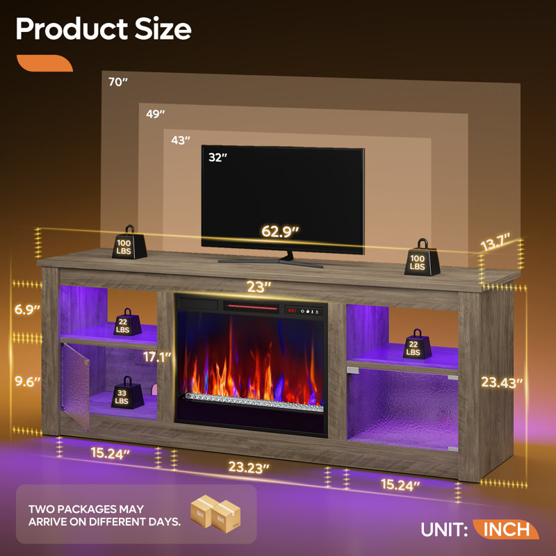 63" Fireplace TV Stand with Remote Control 23" Electric Fireplace Heater, LED Lighting, Timer, Over Heat Protection, Gray
