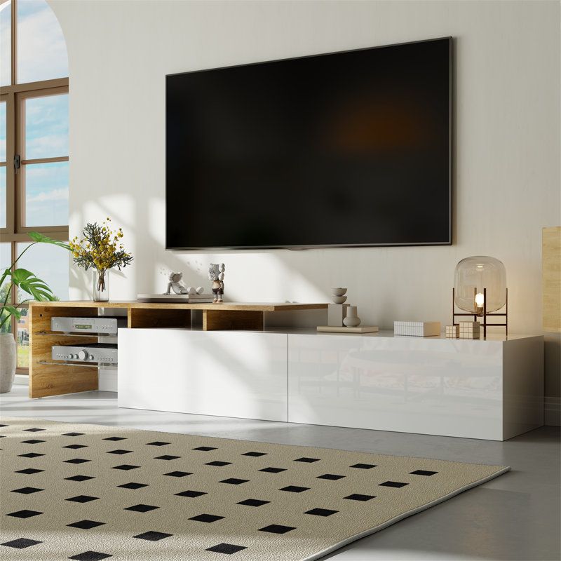 Meuble télé en bois avec tablettes en verre et éclairage DEL pour téléviseur de 65 po ou moins, Blanc