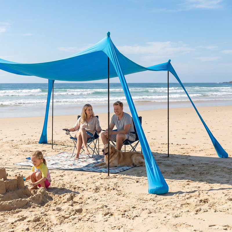 7,5 pi Auvent pare-soleil de plage escamotable X 7,5 pi, protection UV UPF 50+, poteaux coupe-vent et sacs de sable pour une utilisation extérieure stable