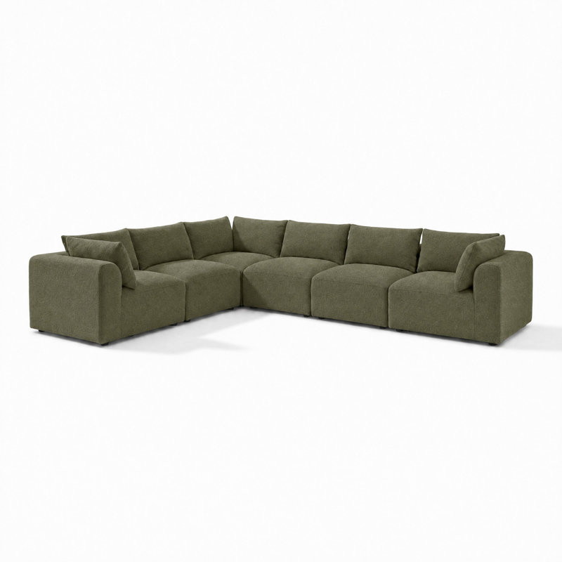 Driftwood Upholstered Boucle Fabric Modular Corner Sofa - Cozy Modern Design, Green, 5 Seat L-Shaped