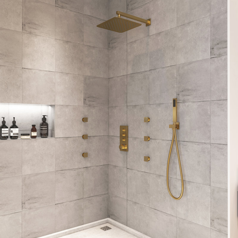 3 Functions 12 Inch Wall Mount Thermostatic Shower System with 6 Body Jets, Brushed Gold