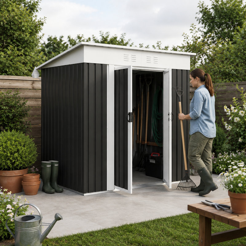 Remise de rangement en métal gris anthracite avec bordure blanche, résistante aux intempéries pour le patio