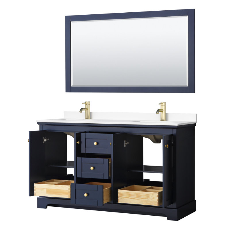 Ensemble de meuble-lavabo double 60 "avec miroir Avery, Bleu très foncé, Marbre de culture blanc, Or brossé