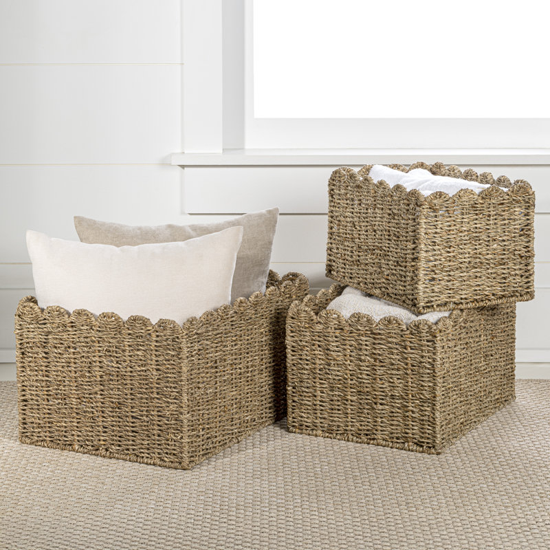 Arden Coastal Cottage Seagrass Scalloped Rectangular Organizing Storage Baskets (Set of 3)