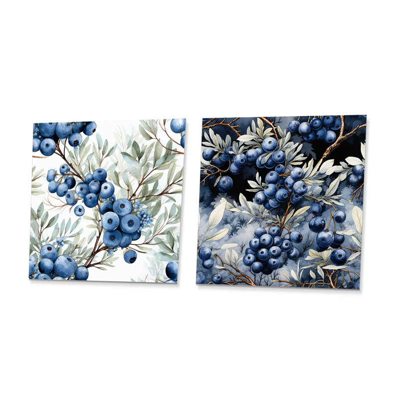 Winter Berry Blueberry Grove I - fruits, impression murale en métal, ensemble carré de 2, H 36 po x l 72 po