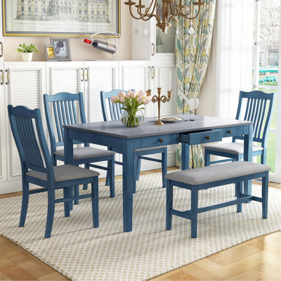 Ensemble de table de salle à manger en bois Mid-Century 6 pièces, ensemble de table de cuisine avec tiroir, chaises rembourrées et banc, bleu antique