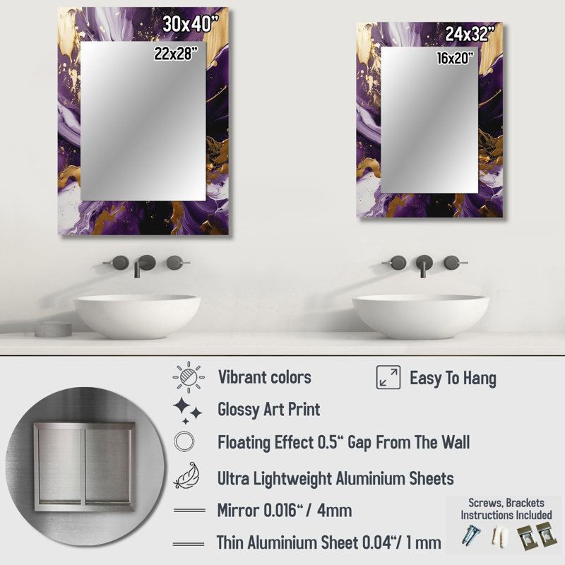 Purple and Gold Liquid Magic III - Abstract Mirror, Modern Unique Wall Mirror, Printed Metal Art, 40" x 30"